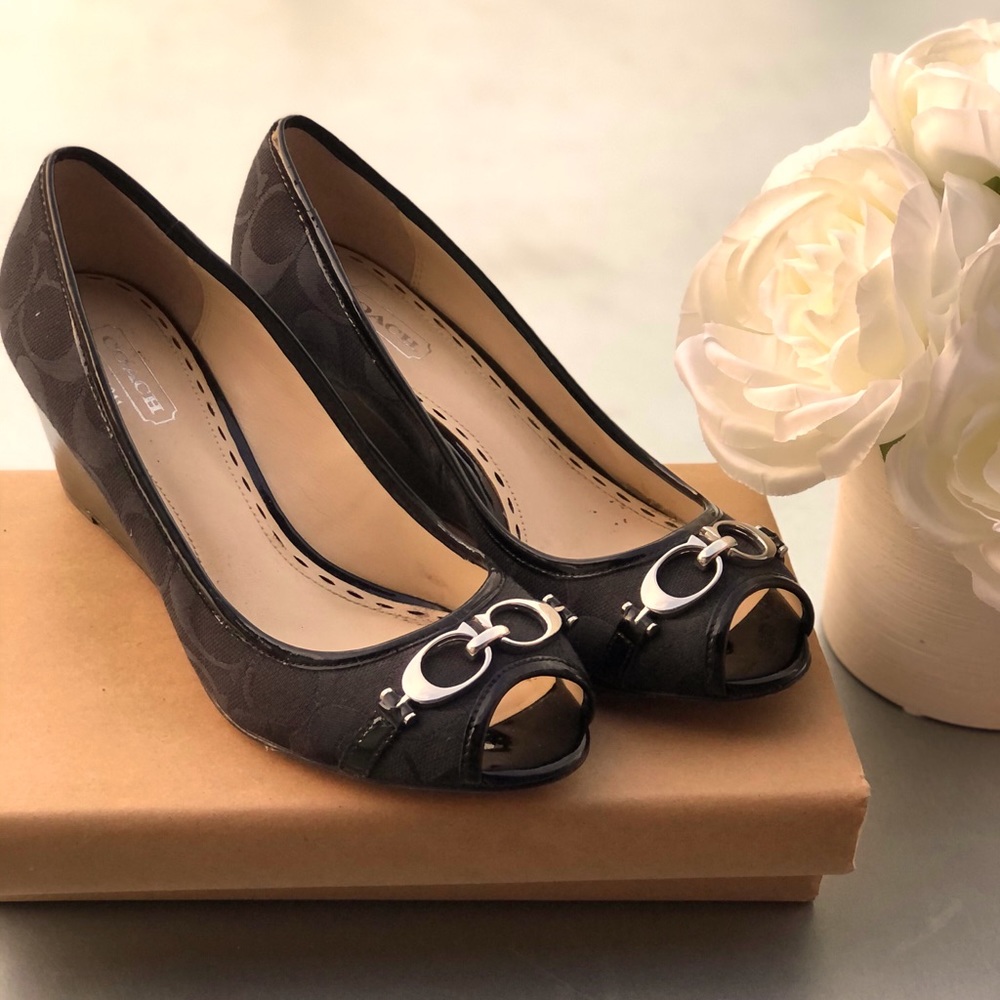 Coach Logo Black "Precious" Peep Toe Wedge Size 6B